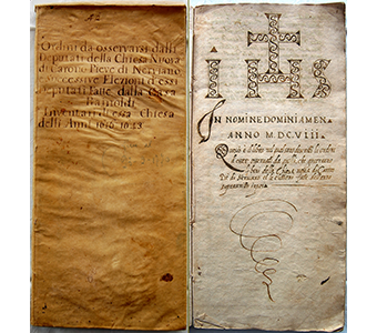 Copertina e prima pagina della vacchetta. Ordini da osservarsi dalli Deputati della Chiesa Nuova di Carono pieve di Nerviano e Successive Elezioni d'Essi Deputati fatte dalla casa Rajnoldi. Inventari di essa Chiesa delli anni 1616 1643.</i>Le elezioni registrate vanno dai primi anni del Seicento alla fine del Settecento.