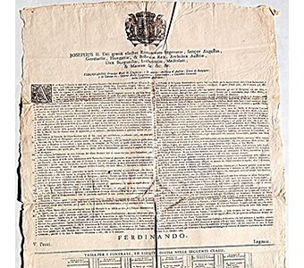 Editto di Giuseppe II, 31 ottobre 1787. Tra le disposizioni contenute alcune riguardano l'istruzione del Clero secolare e regolare. Si stabiliscono anche le congrue dei Parroci (1200 lire annue) e dei Coadiutori (700 lire).